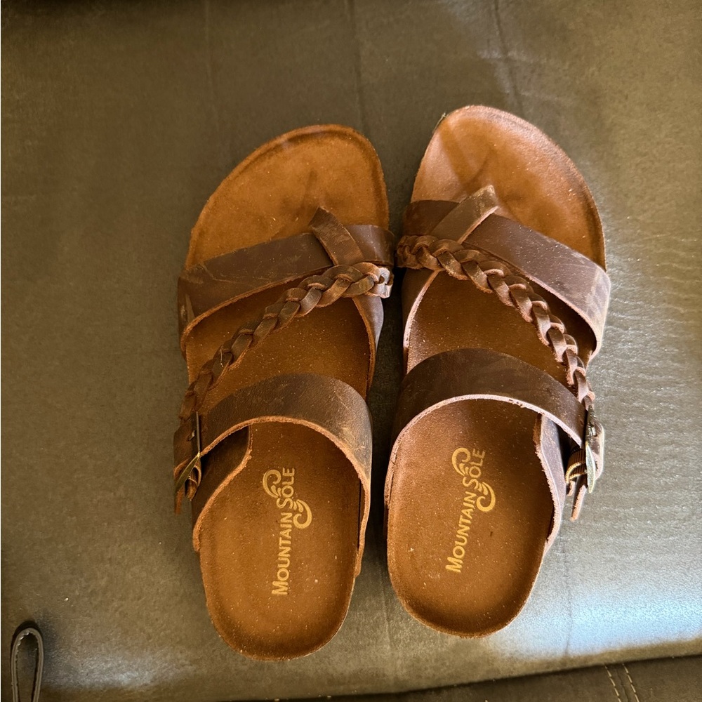 Brown Braided Leather Slide Sandals